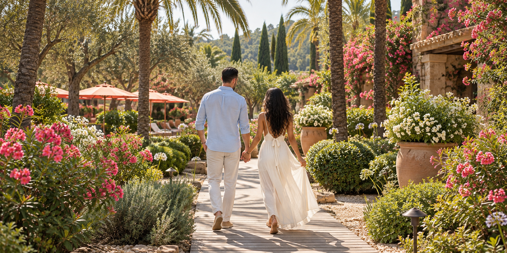 An imagined portrait of Amee and Todd walking hand in hand through a Mediterranean garden